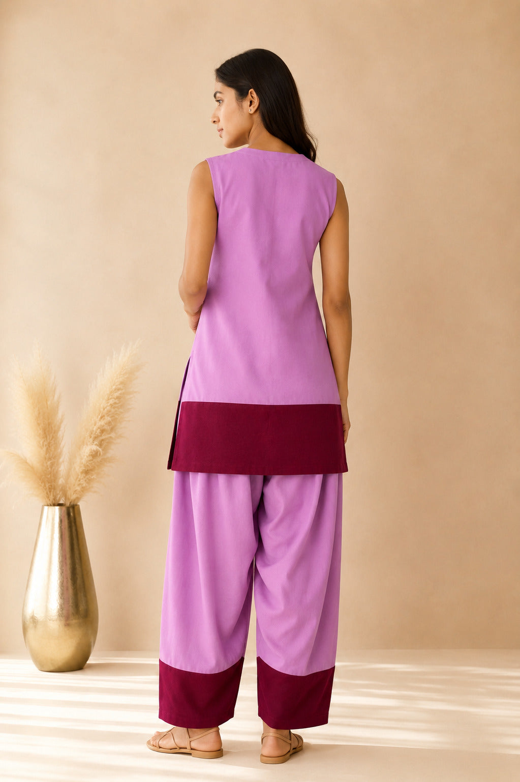 RAHEEL MAUVE & CHERRY COLOUR BLOCK FARSHI SET