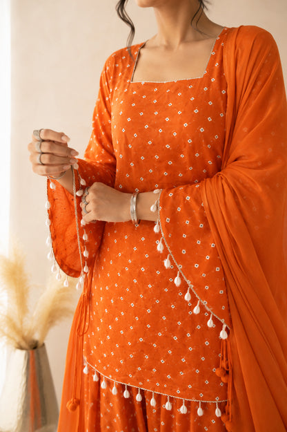 DIVYANGI ORANGE BANDHEJ FARSHI SET