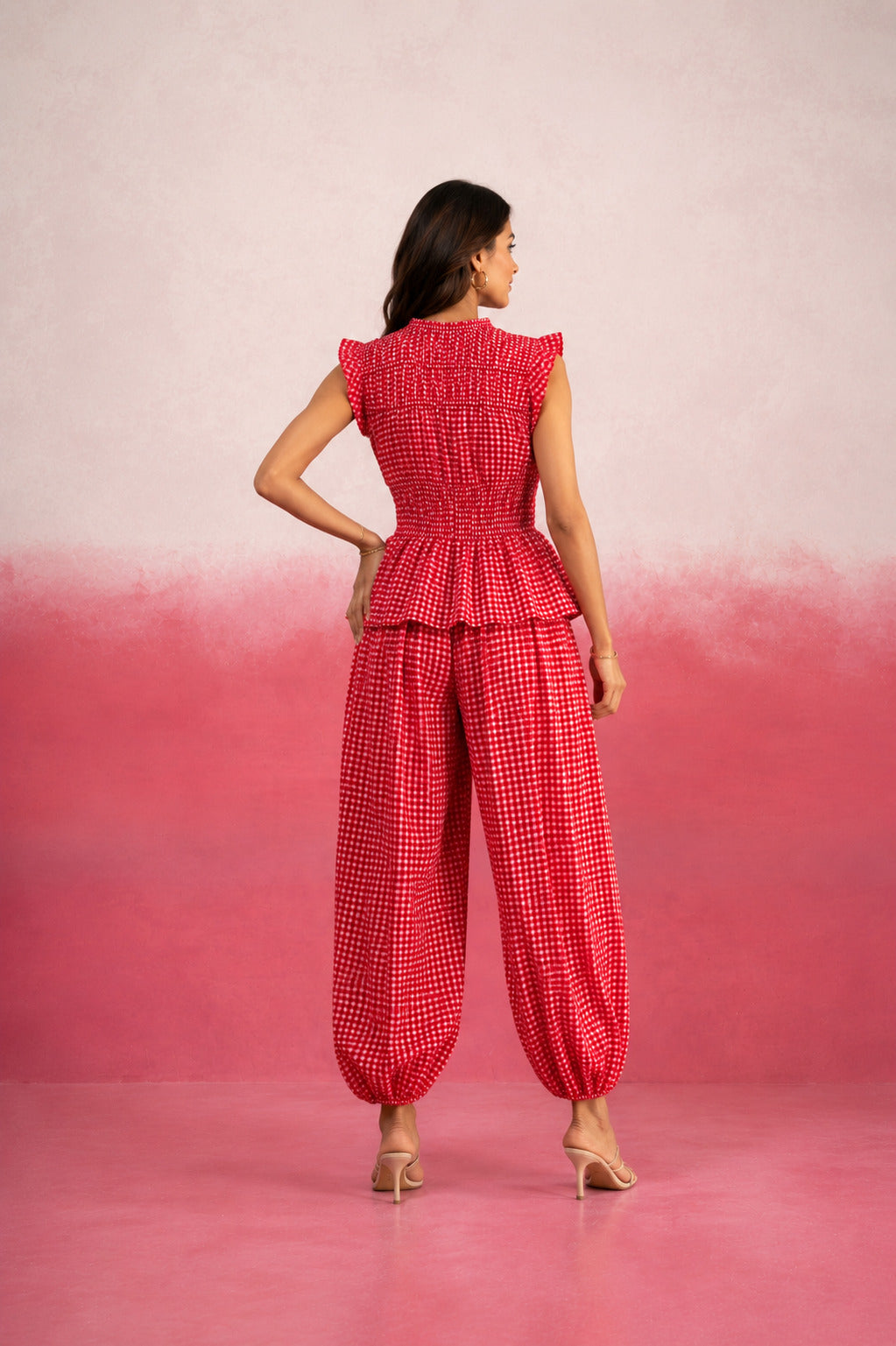 ALARIKA RED GINGHAM BALLOON COORD SET