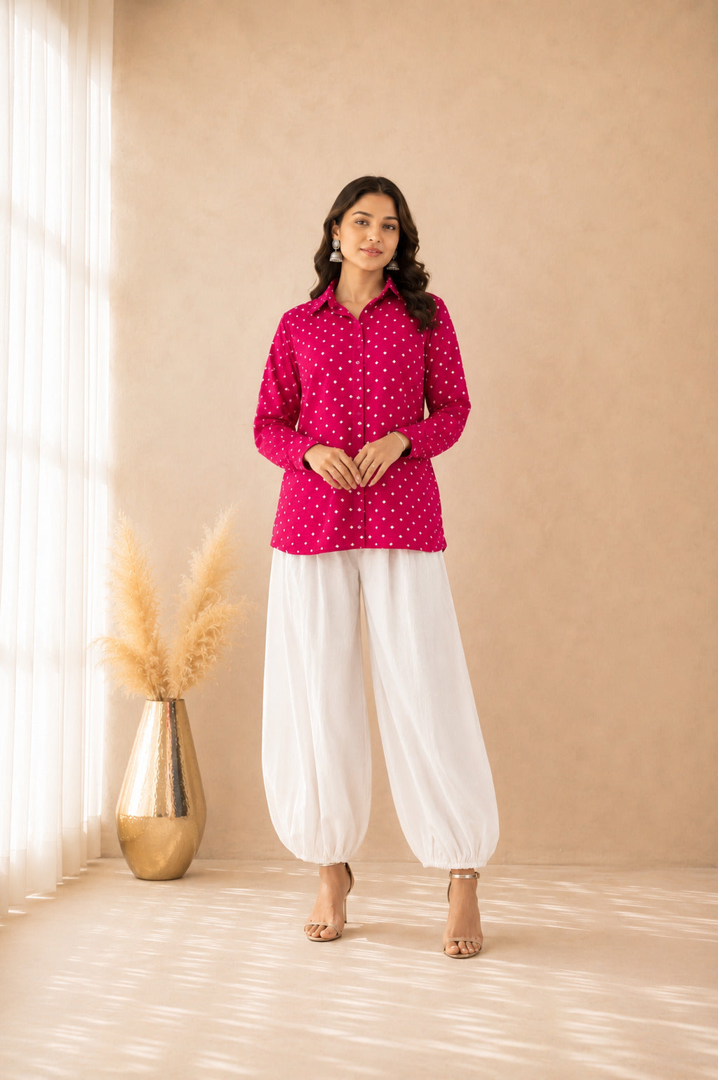 VAMIRA PINK BANDHEJ SHIRT AND BALLOON COORD SET