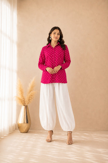 VAMIRA PINK BANDHEJ SHIRT AND BALLOON COORD SET