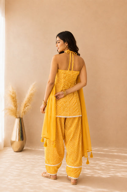 RIMI YELLOW COTTON LEHERIYA FARSHI SET WITH DUPATTA