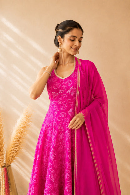 CHANDRI PINK BANDHEJ HALTER ANARKALI SET