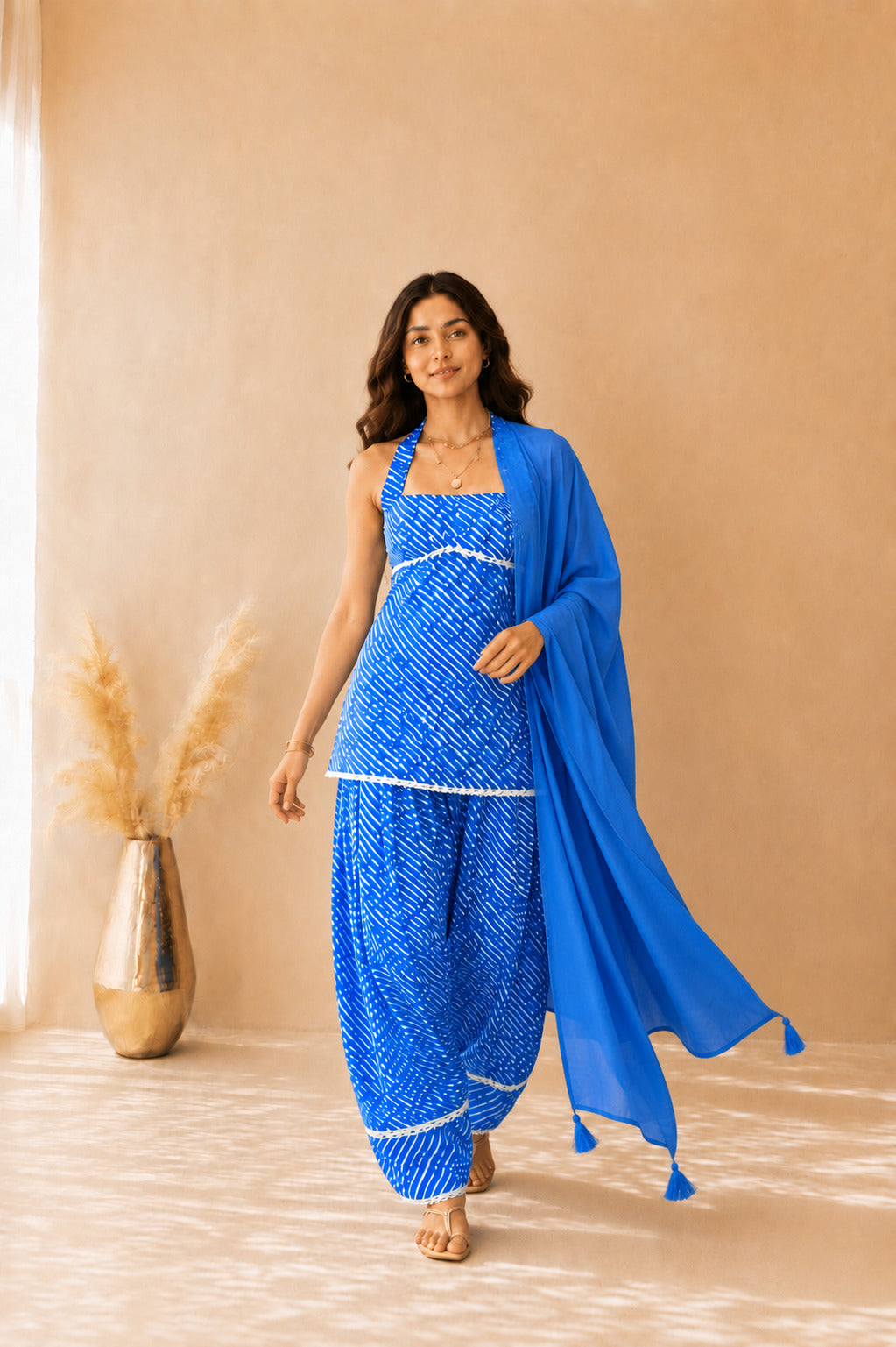 RAVYA BLUE COTTON LEHERIYA FARSHI SET WITH DUPATTA