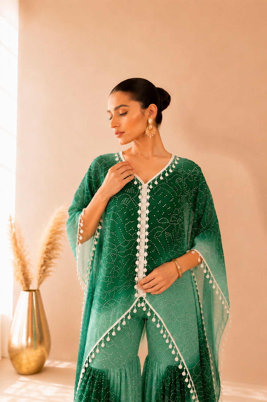 KYNARA GREEN OMBRE BANDHEJ KAFTAN SHARARA SET