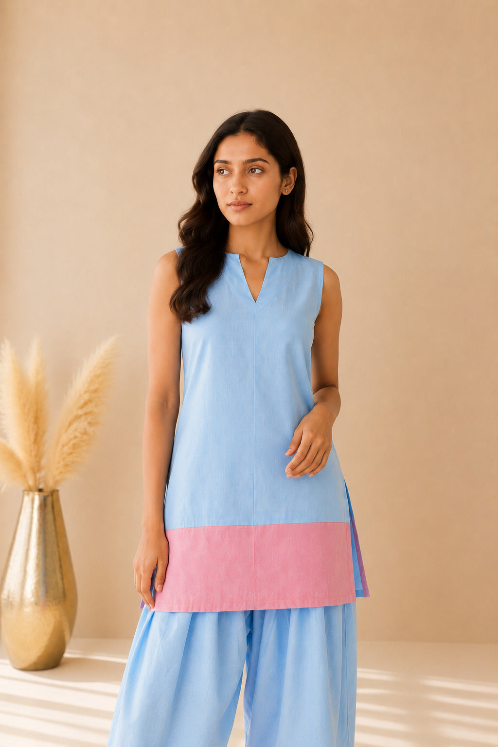 SHEEN POWDER BLUE & PASTEL PINK COLOR BLOCK FARSHI SET