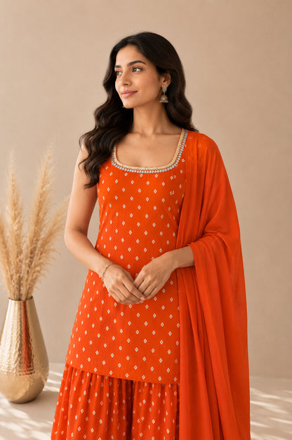 YAMINI ORANGE BANDHEJ FARSHI SET