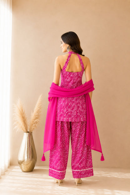 AVNIKA PINK COTTON LEHERIYA FARSHI SET WITH DUPATTA