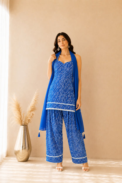 MEHREEN BLUE COTTON LEHERIYA FARSHI SET WITH DUPATTA