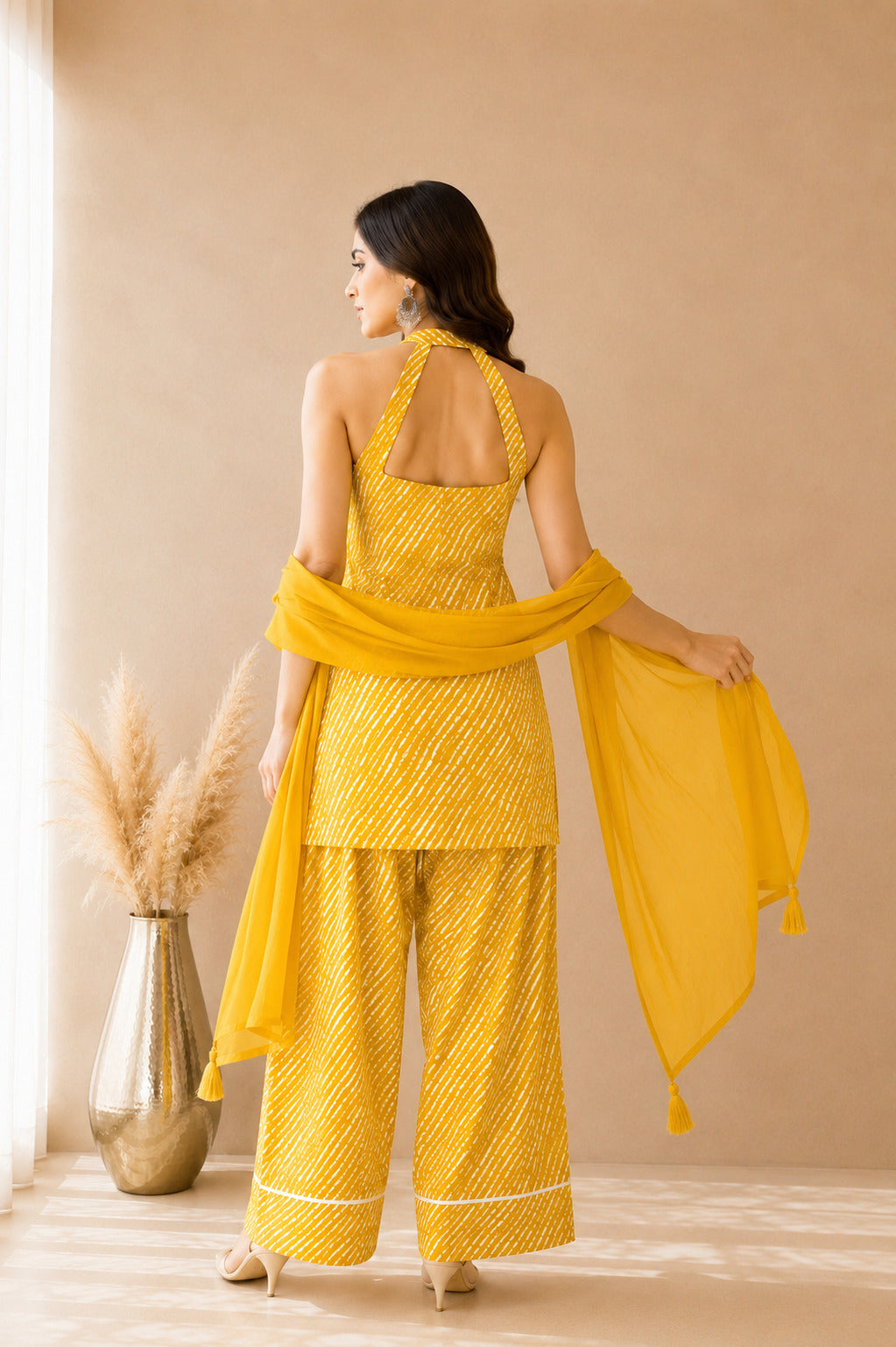 SURBHI YELLOW COTTON LEHERIYA FARSHI SET WITH DUPATTA