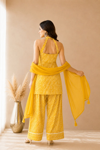 SURBHI YELLOW COTTON LEHERIYA FARSHI SET WITH DUPATTA