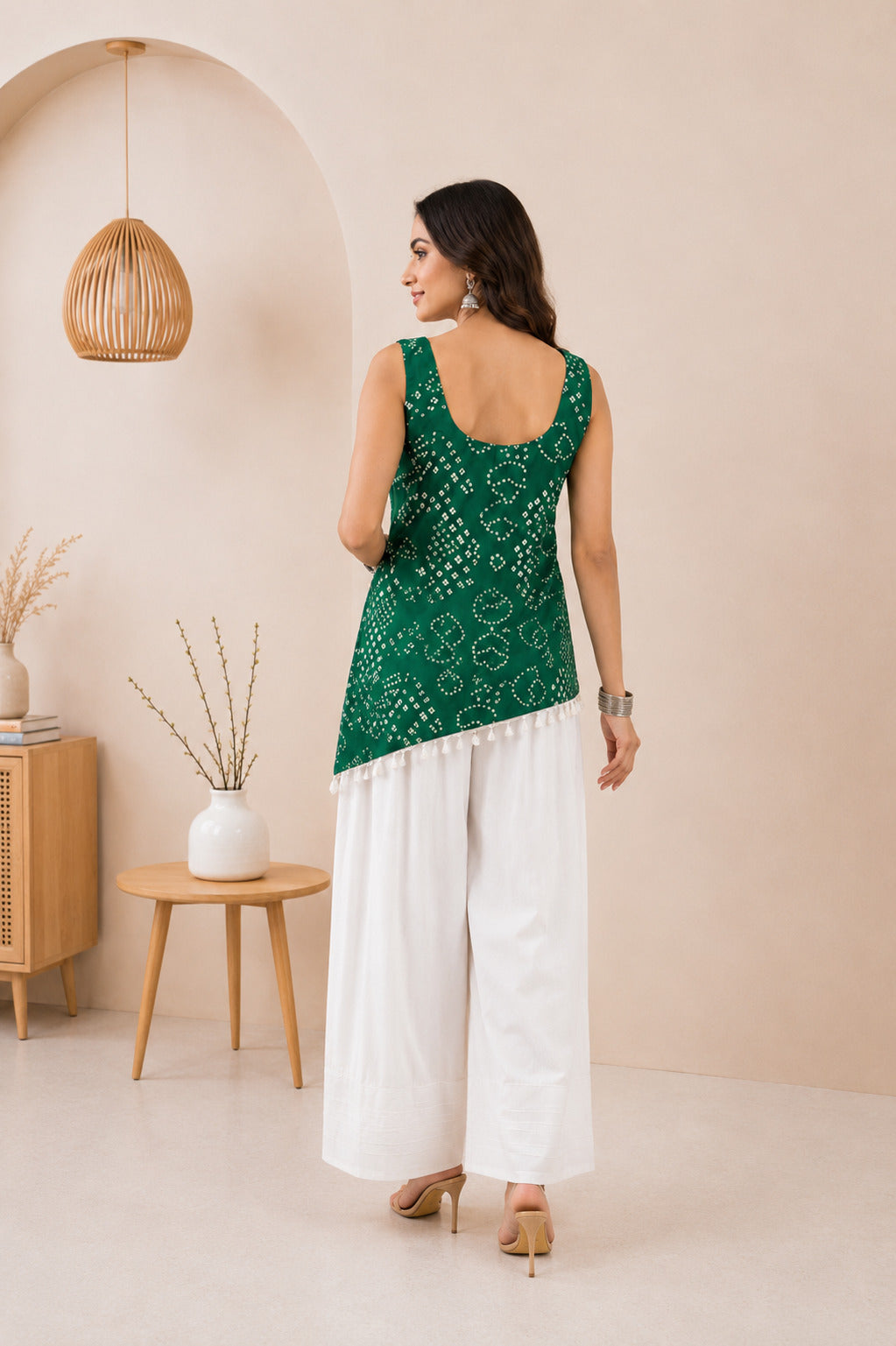 SOHINI GREEN ASYMETTRIC BANDHEJ FARSHI SET