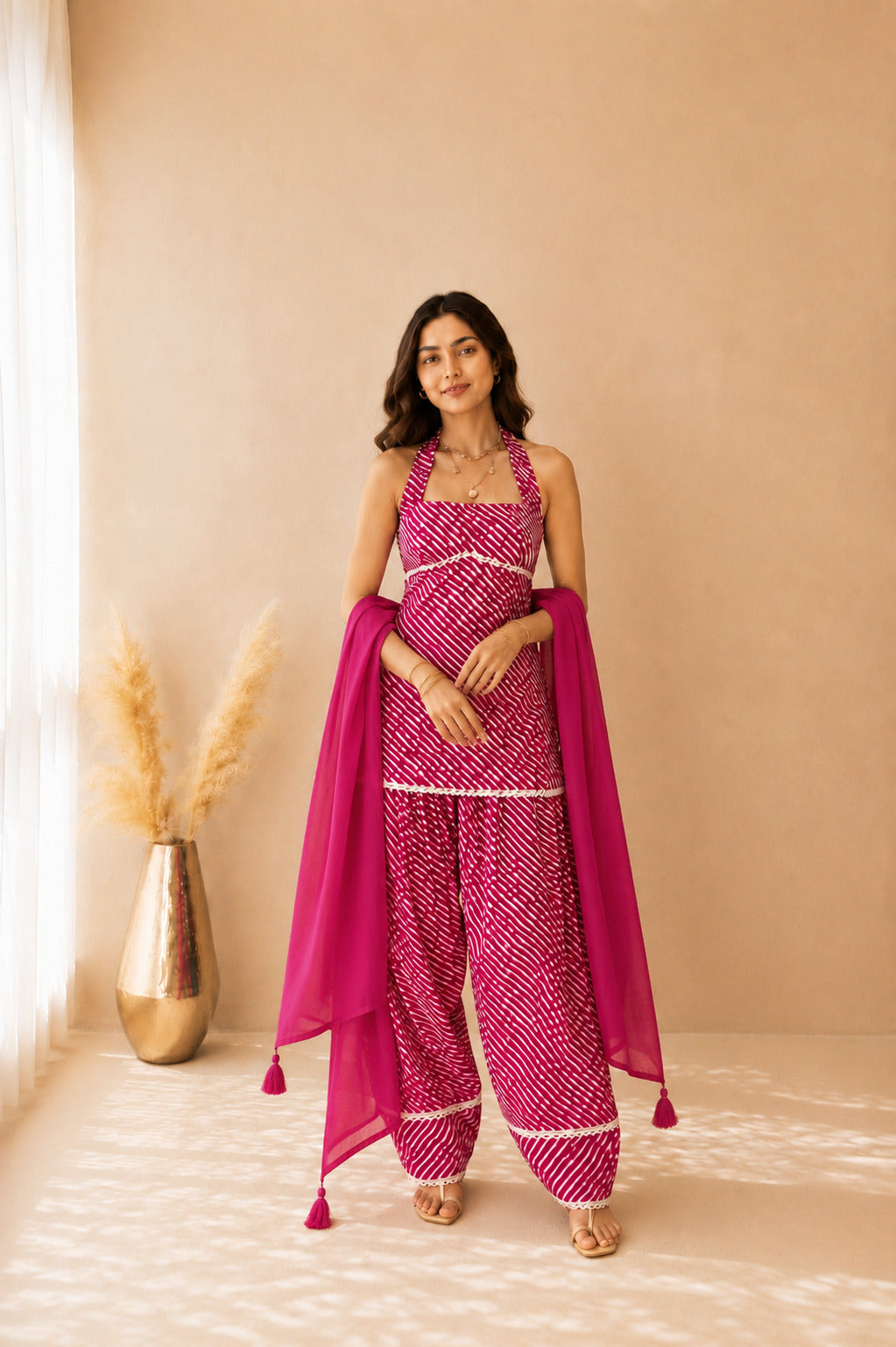 VANIKA PINK COTTON LEHERIYA FARSHI SET WITH DUPATTA