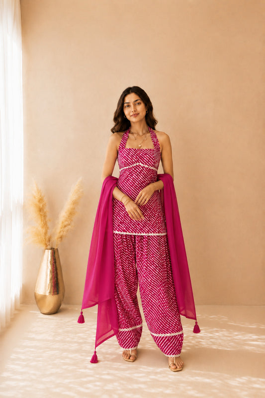 VANIKA PINK COTTON LEHERIYA FARSHI SET WITH DUPATTA