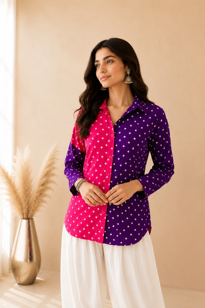 SERAYA PURPLE COLOR BLOCKED BANDHEJ SHIRT