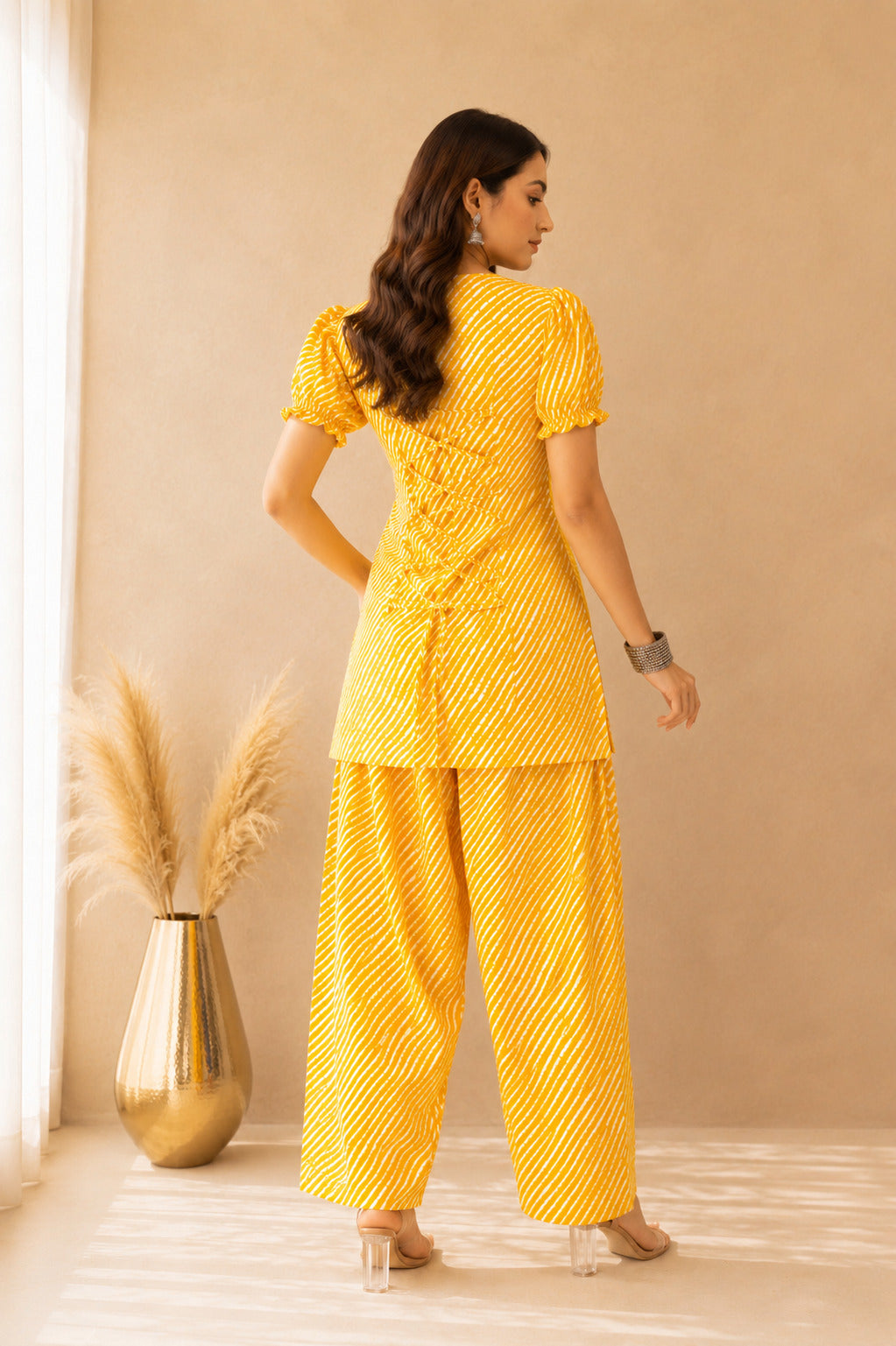 PALLAVI YELLOW COTTON LEHERIYA FARSHI SET