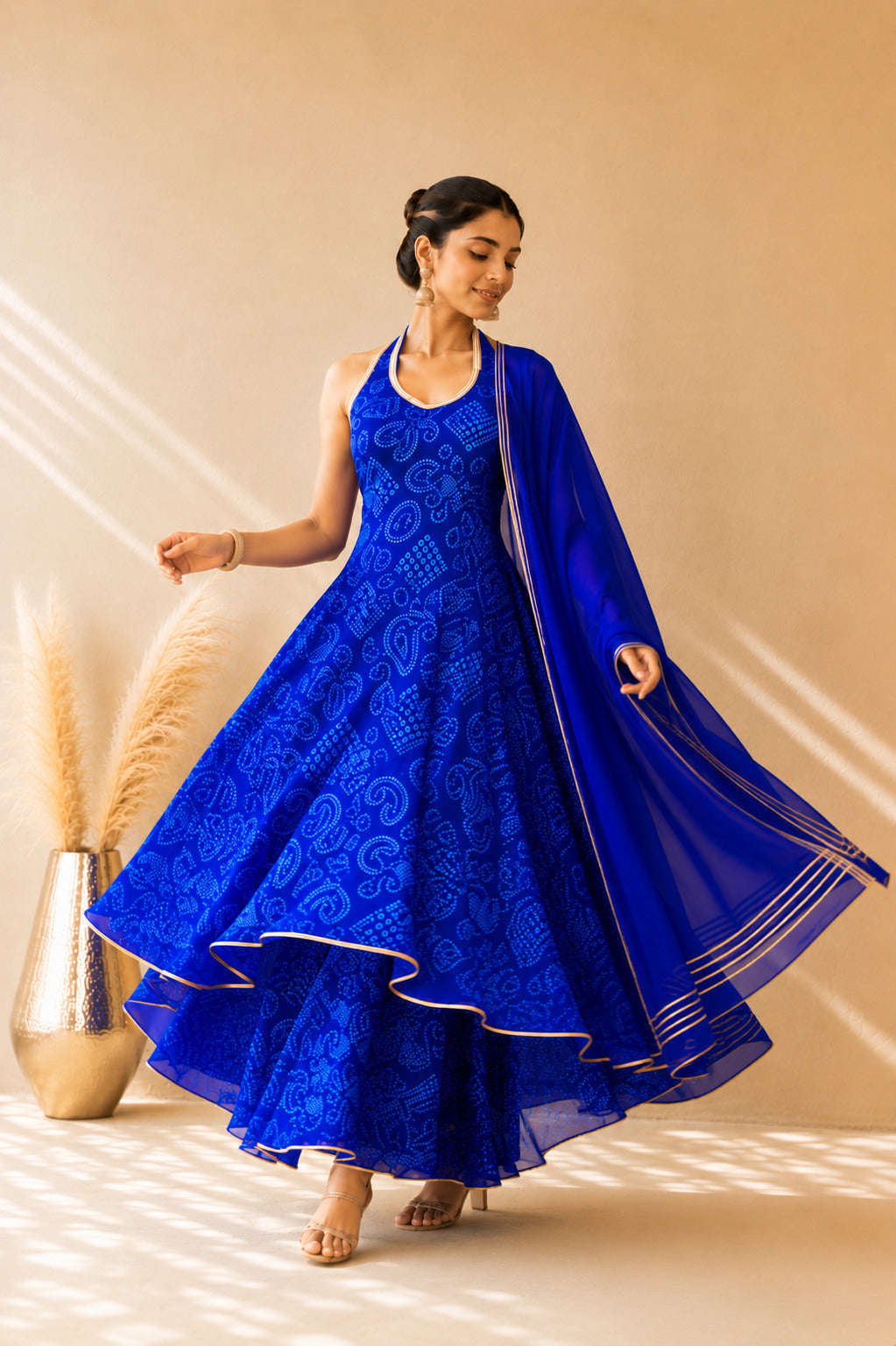INARA BLUE BANDHEJ HALTER ANARKALI SET