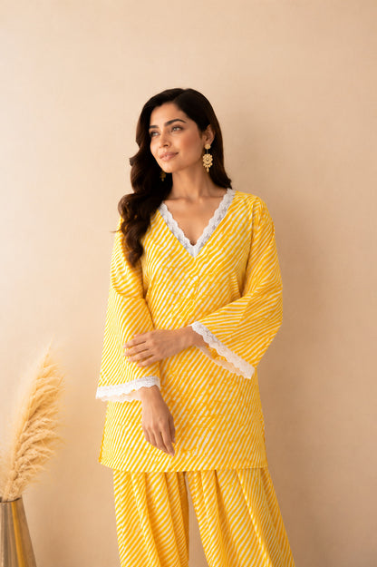 DHARINI YELLOW COTTON LEHERIYA FARSHI SET