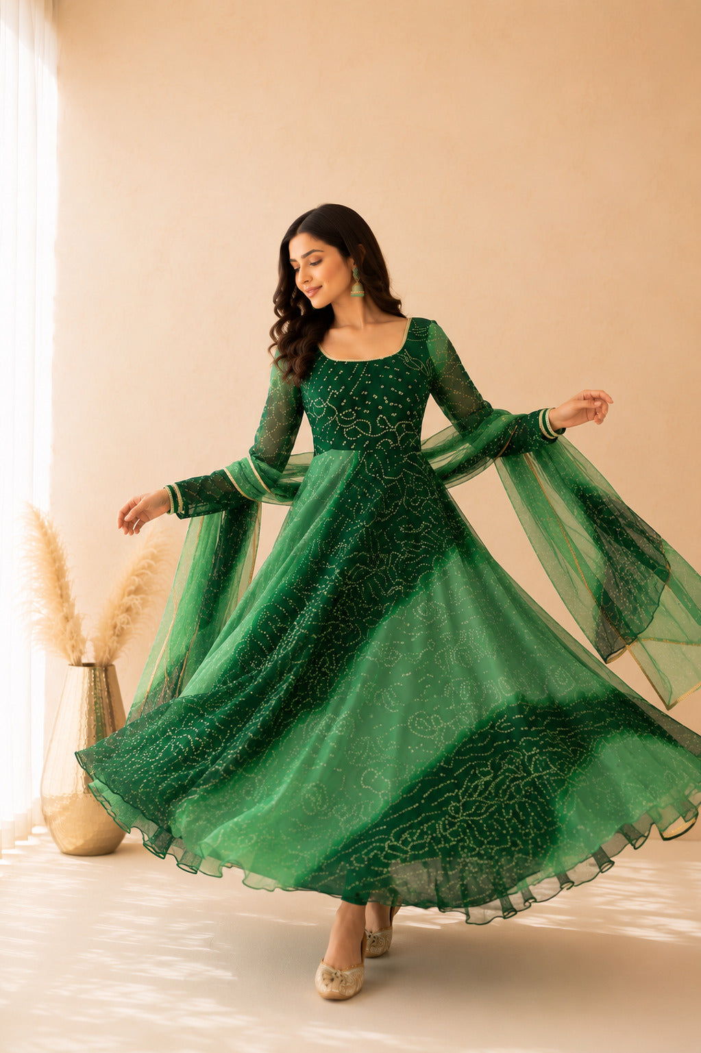 LEHZA GREEN OMBRE BANDHEJ ANARKALI SET