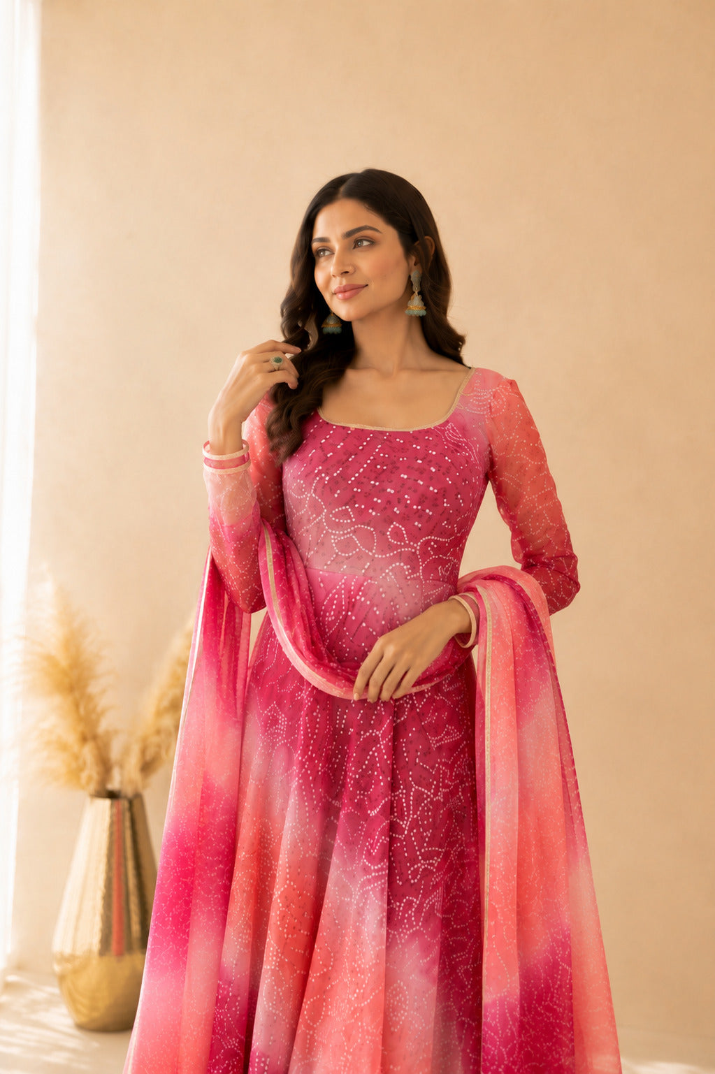 SAANJH PINK OMBRE BANDHEJ ANARKALI SET