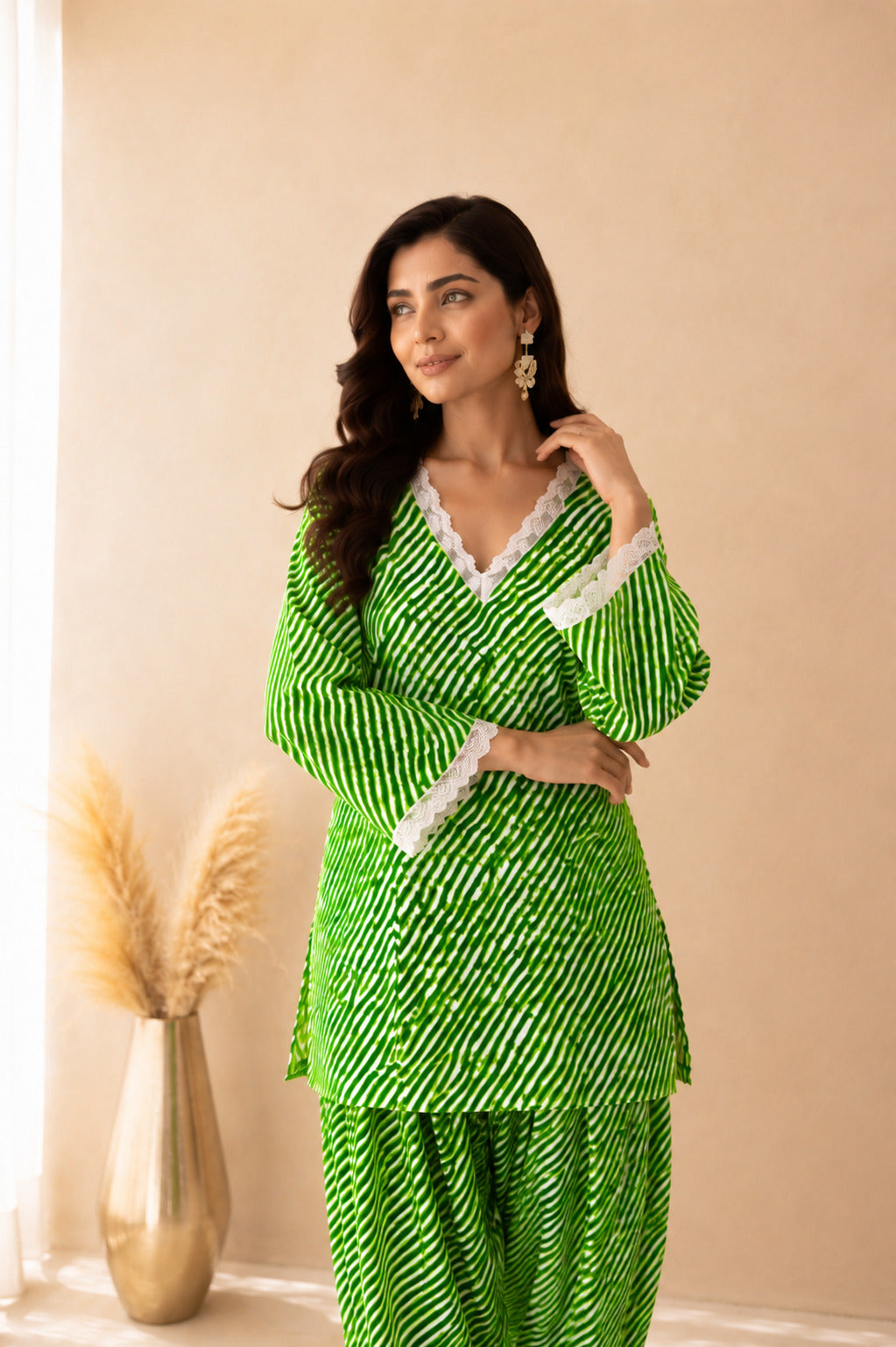 MALINI GREEN COTTON LEHERIYA FARSHI SET