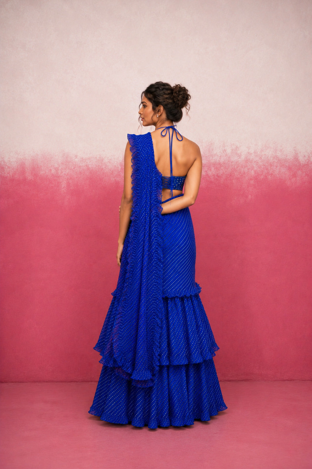 SRIJAA ROYAL BLUE LEHERIYA RUFFLE SAREE