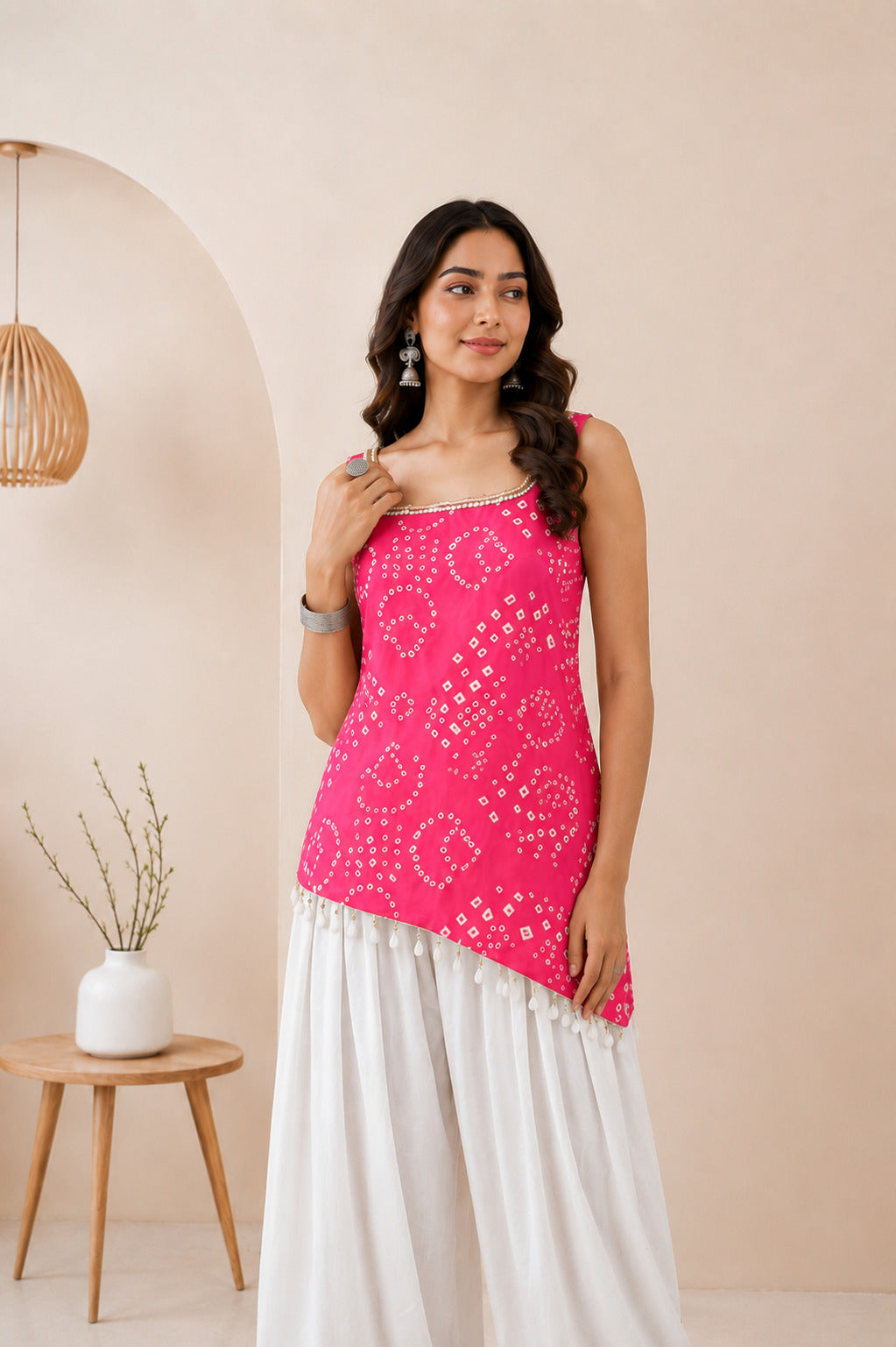 TARIKA PINK ASYMETTRIC BANDHEJ FARSHI SET