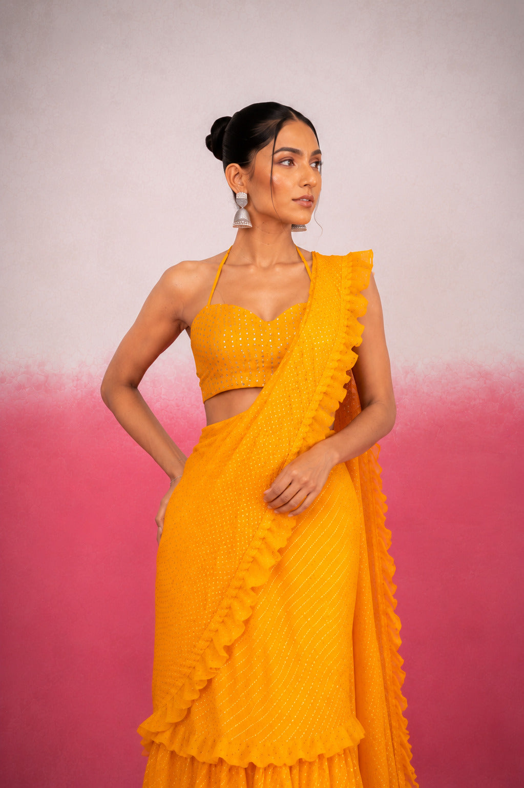 KRITHYA YELLOW LEHERIYA RUFFLE SAREE
