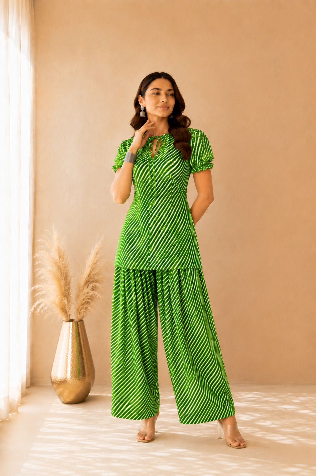 ABHA GREEN COTTON LEHERIYA FARSHI SET