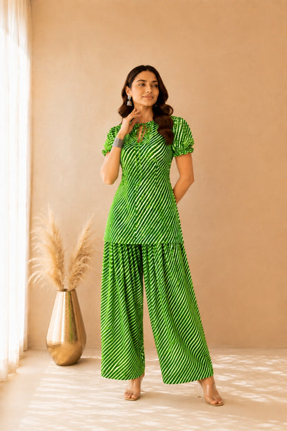 ABHA GREEN COTTON LEHERIYA FARSHI SET