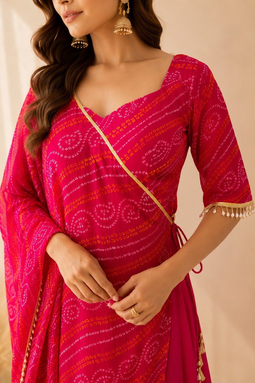 MEHRAZ RANI PINK BANDHEJ FUSION SET