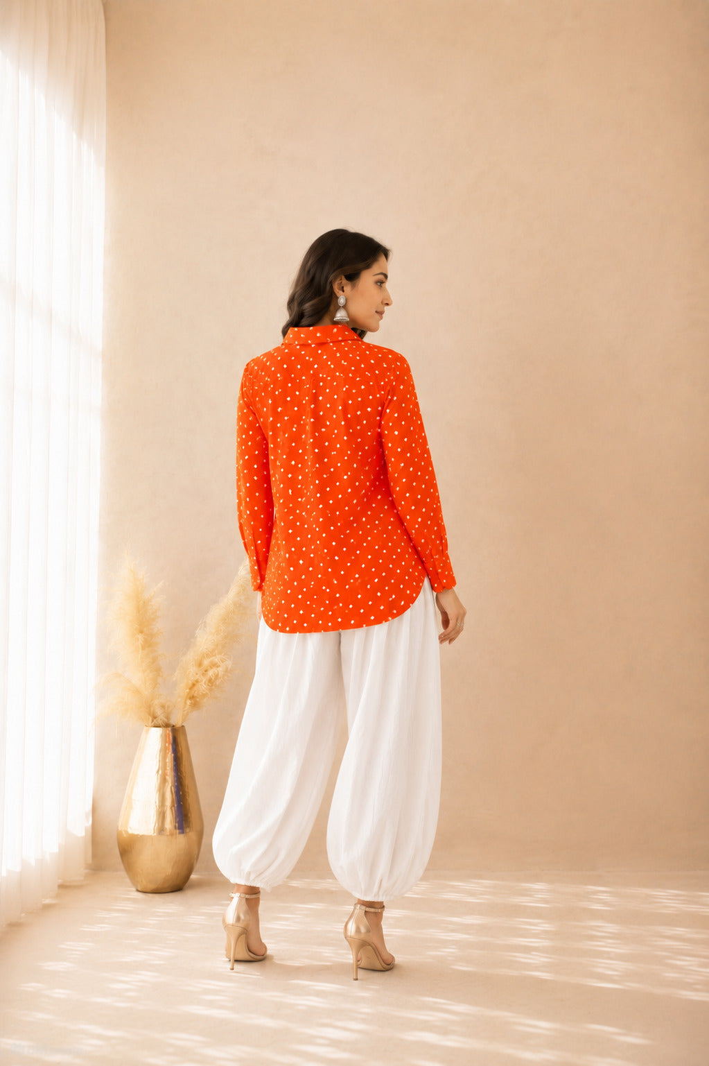 ENRIKA ORANGE BANDHEJ SHIRT AND BALLOON COORD SET