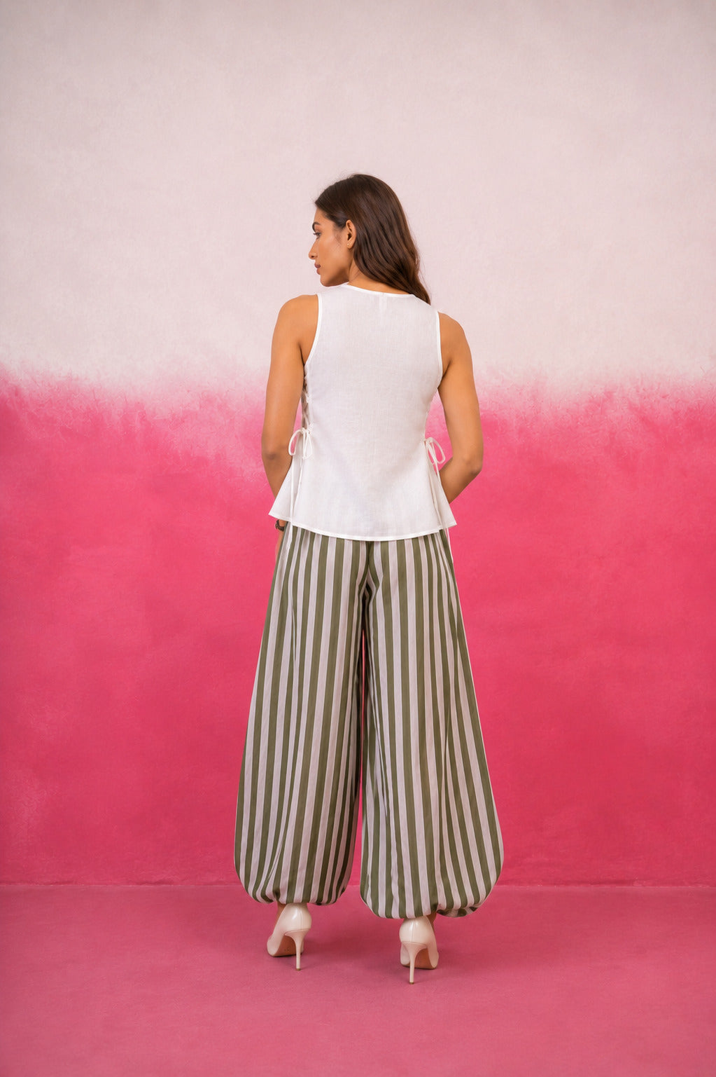 OMISHA WHITE AND GREEN STRIPE COORD SET