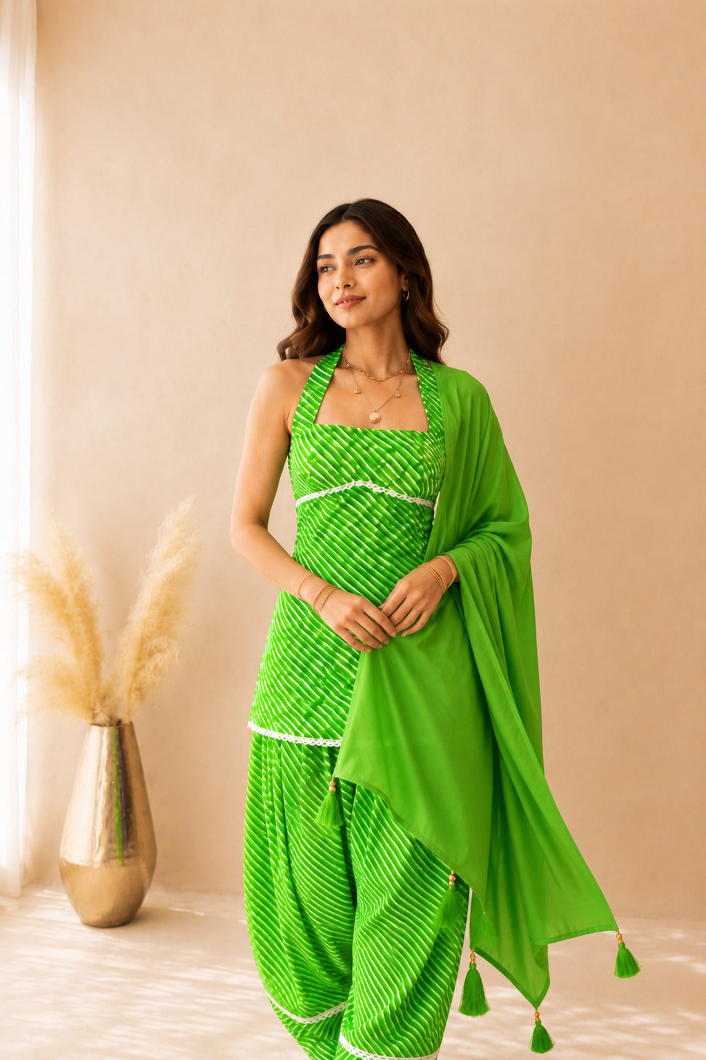 SARVANI GREEN COTTON LEHERIYA FARSHI SET WITH DUPATTA