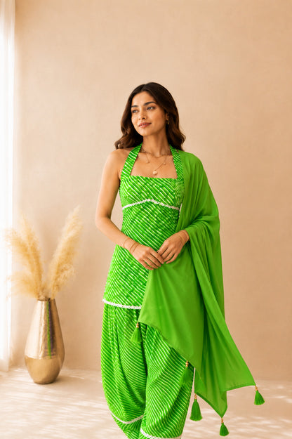 SARVANI GREEN COTTON LEHERIYA FARSHI SET WITH DUPATTA