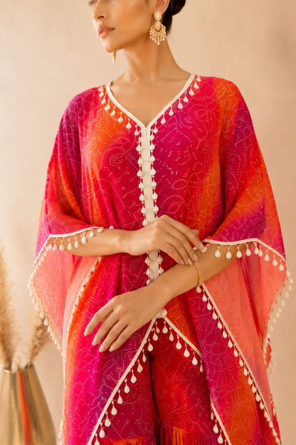 MAHEYA ORANGE OMBRE BANDHEJ KAFTAN SHARARA SET