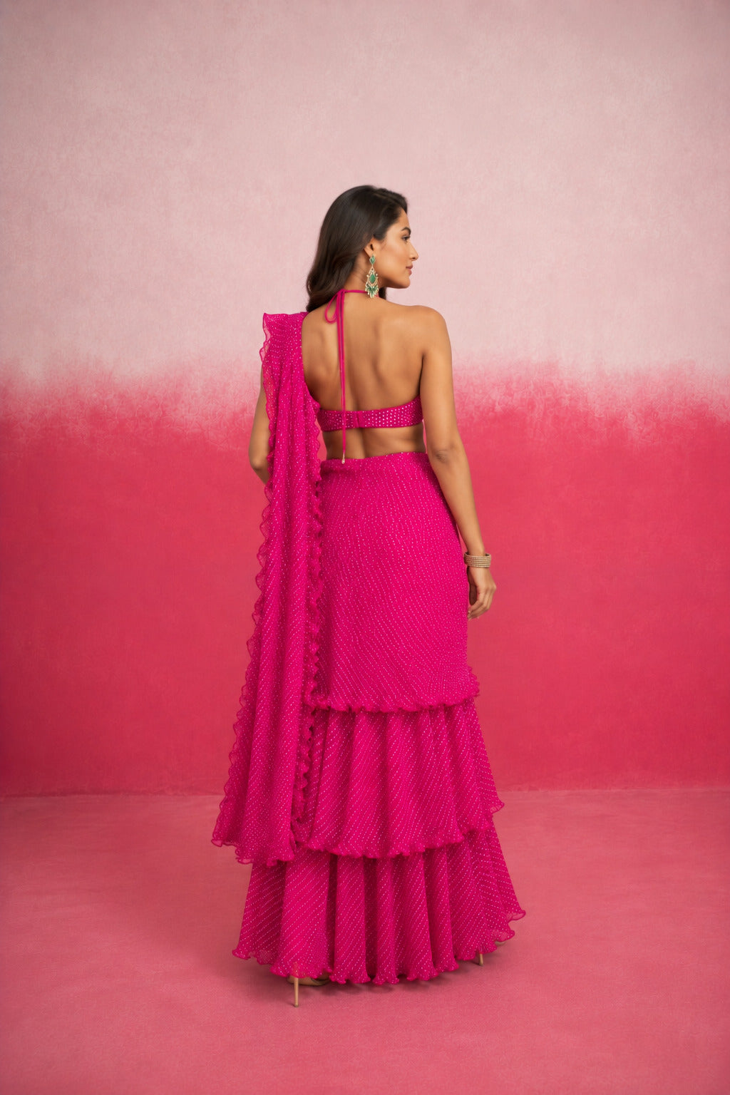 ISHMI MAGENTA PINK LEHERIYA RUFFLE SAREE