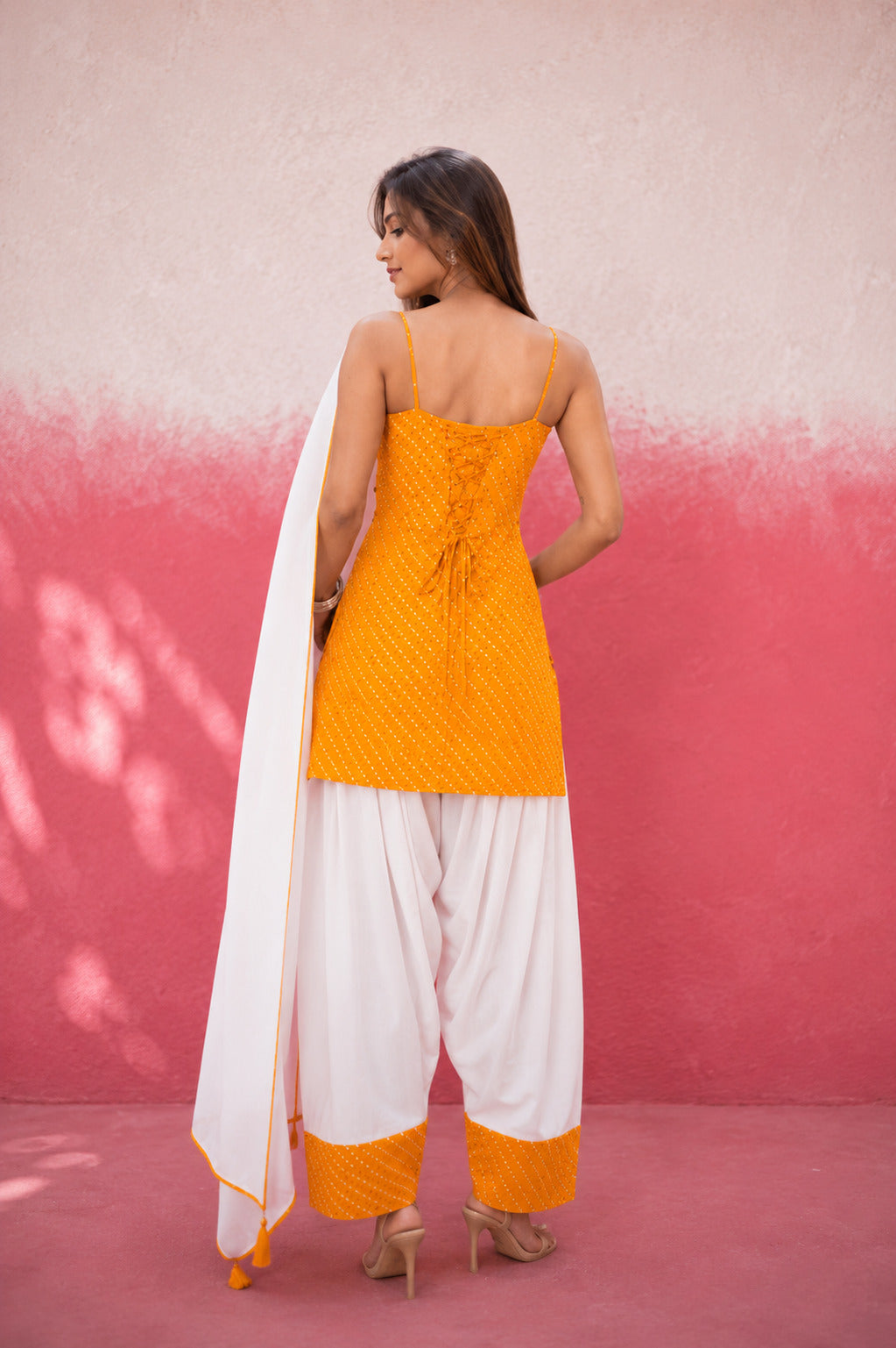 MADHVI YELLOW GEORGETTE MOTHRA FARSHI SET