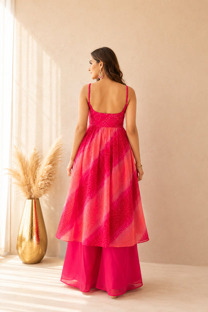 LEHERVI PINK OMBRE BANDHEJ NYRA CUT SUIT SET