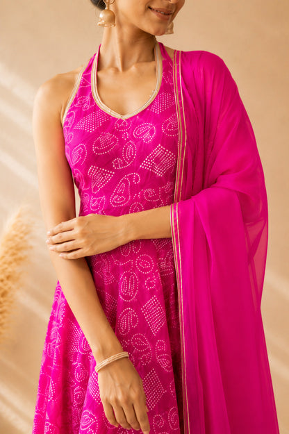 CHANDRI PINK BANDHEJ HALTER ANARKALI SET