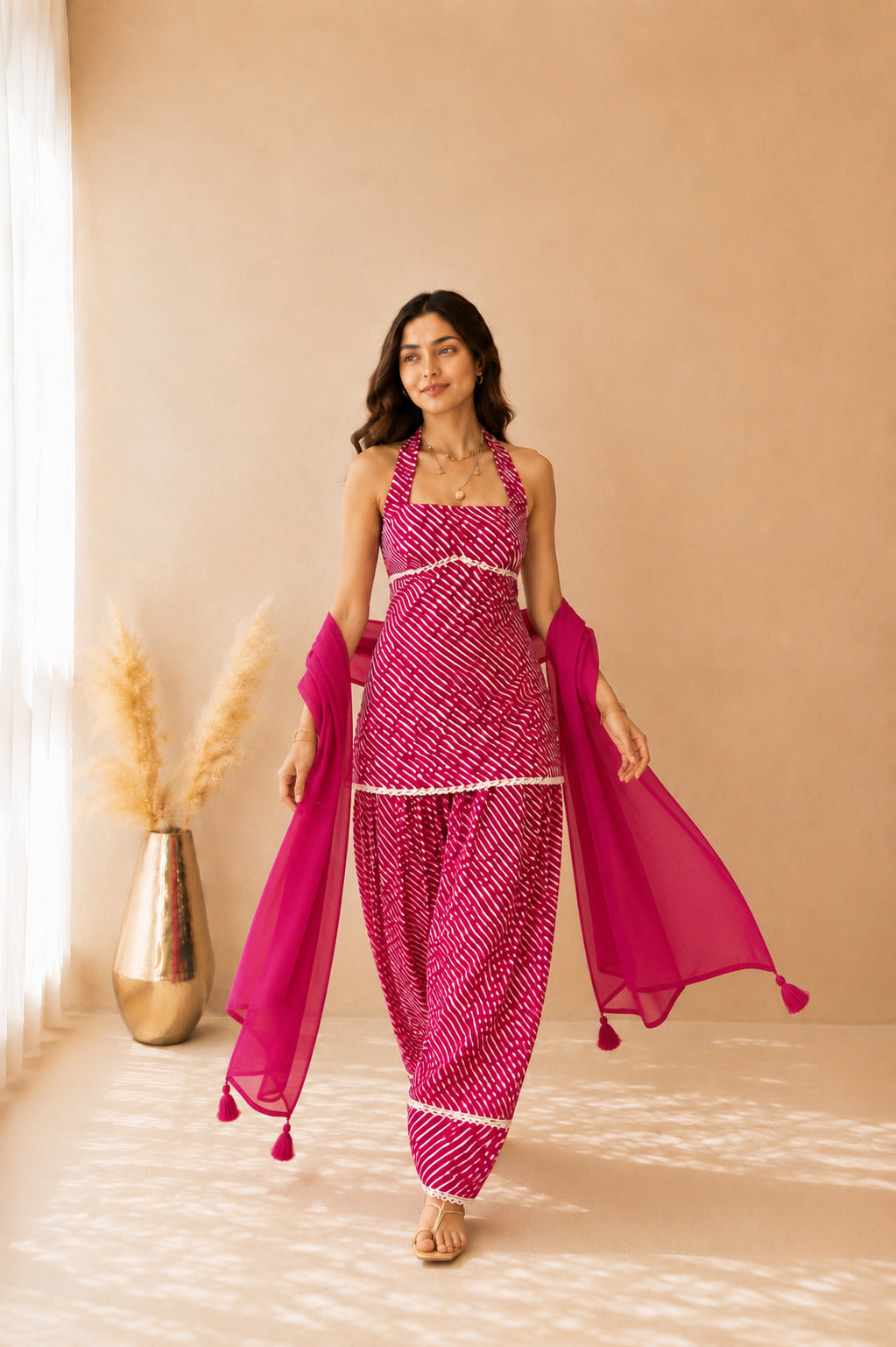 VANIKA PINK COTTON LEHERIYA FARSHI SET WITH DUPATTA