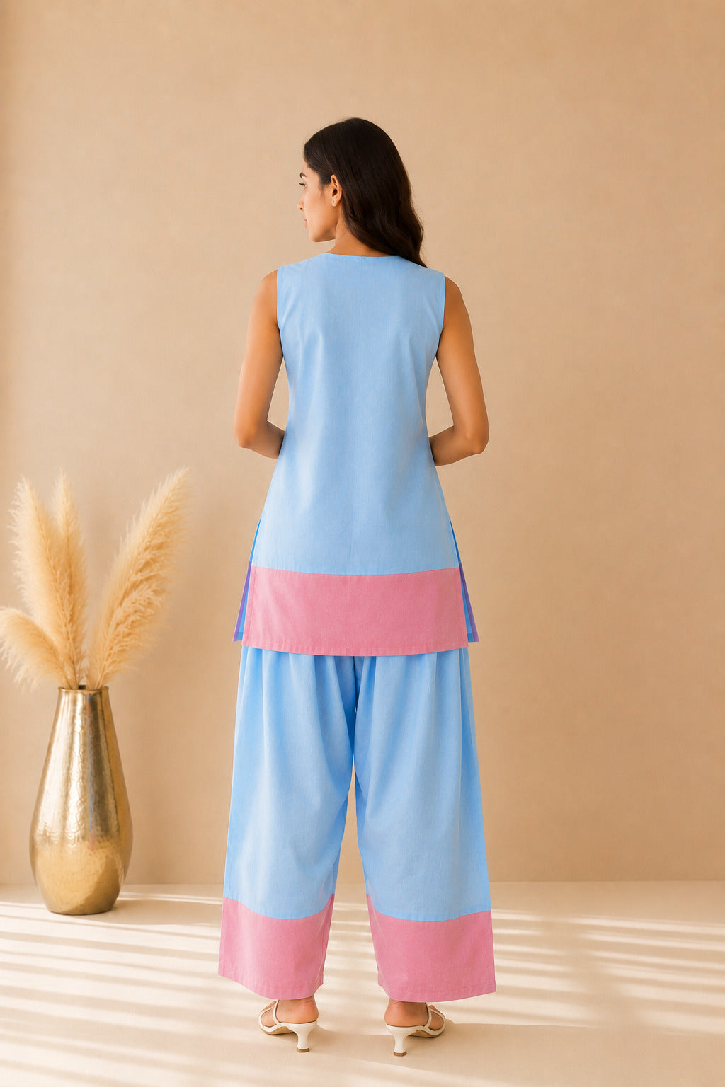 SHEEN POWDER BLUE & PASTEL PINK COLOR BLOCK FARSHI SET