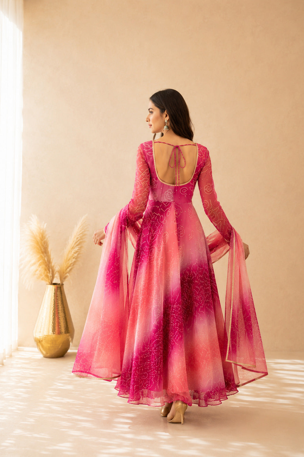 SAANJH PINK OMBRE BANDHEJ ANARKALI SET