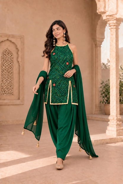 SONAM GREEN BANDHEJ PATIALA SET