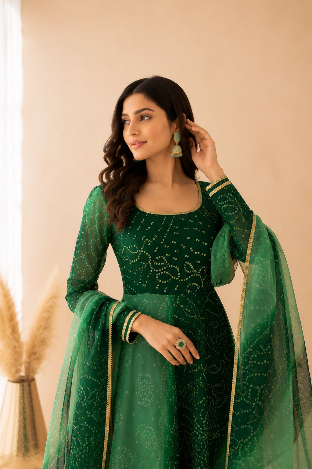 LEHZA GREEN OMBRE BANDHEJ ANARKALI SET