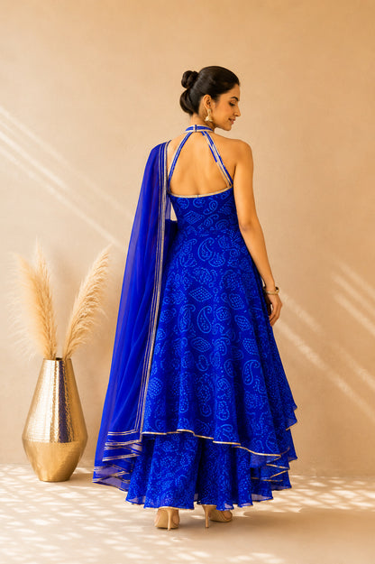 INARA BLUE BANDHEJ HALTER ANARKALI SET