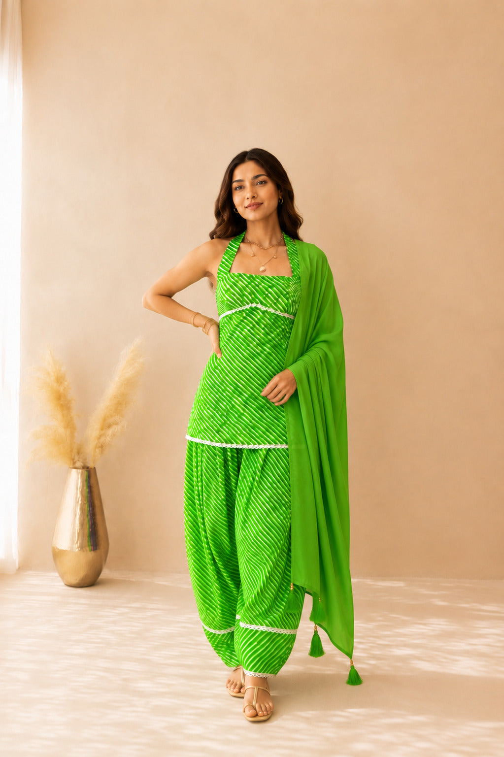 SARVANI GREEN COTTON LEHERIYA FARSHI SET WITH DUPATTA
