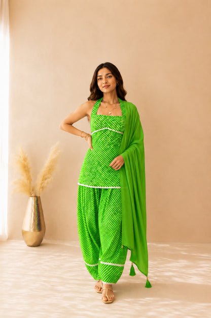 SARVANI GREEN COTTON LEHERIYA FARSHI SET WITH DUPATTA