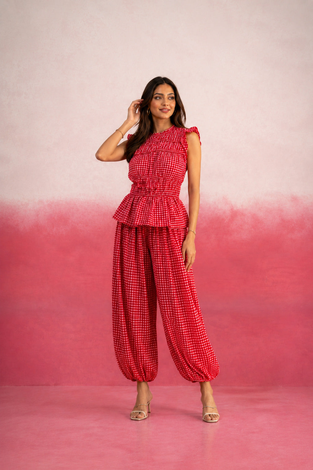 ALARIKA RED GINGHAM BALLOON COORD SET