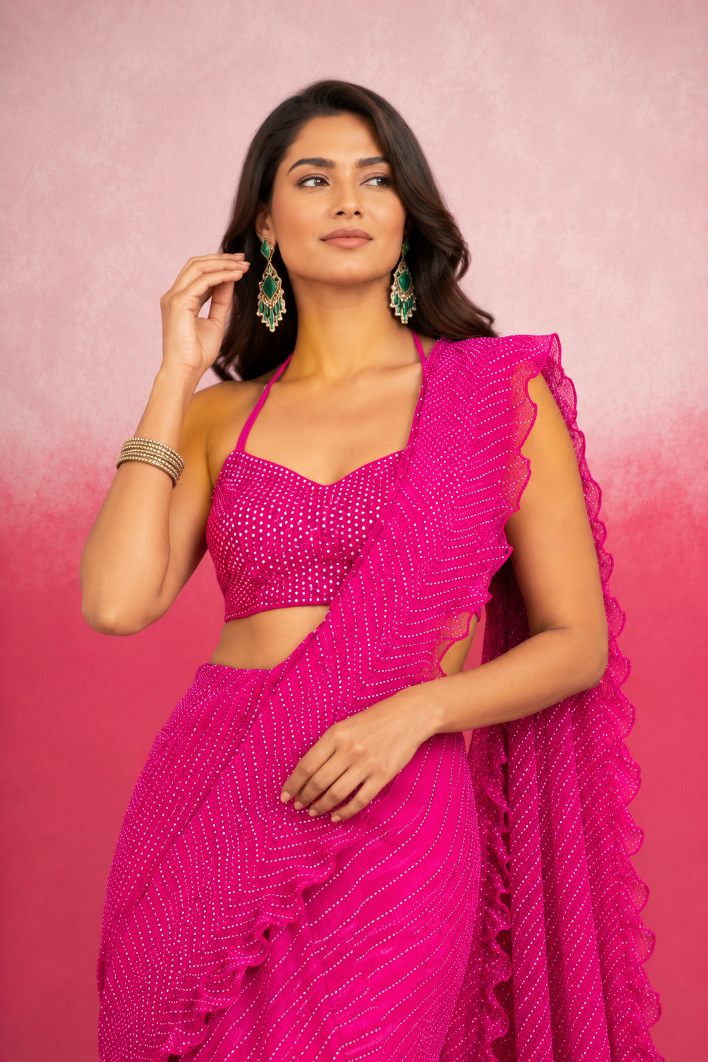 ISHMI MAGENTA PINK LEHERIYA RUFFLE SAREE